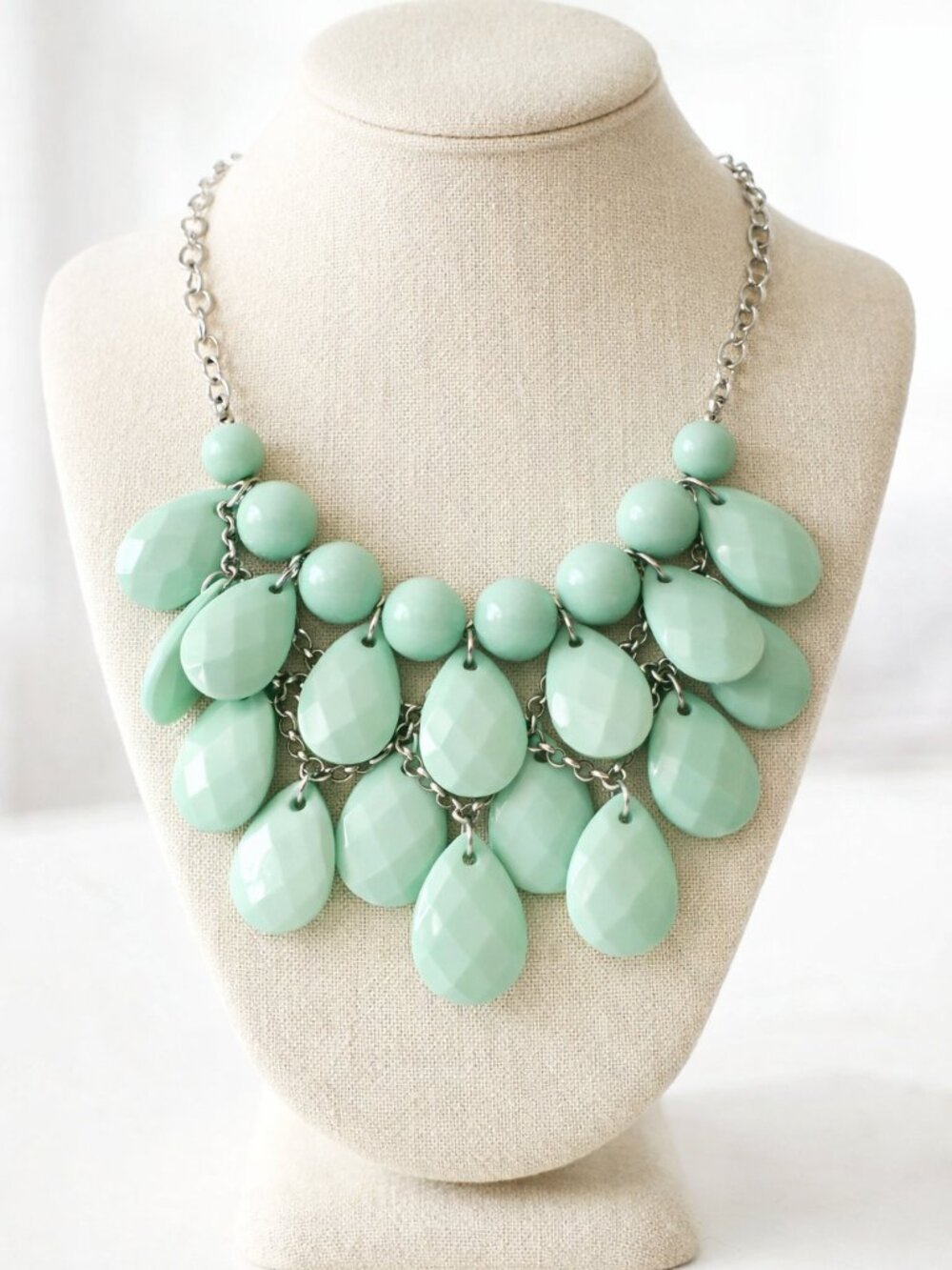 Mint Green Statement Necklace Bubble Bib Teardrop Fringe Silver Tone Chain